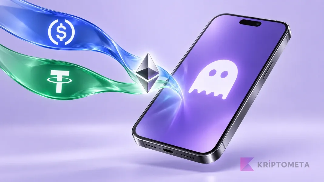 Aave simgeli bir telefona yönelen USDC ve Tether şeritleri ile Ethereum simgesi.