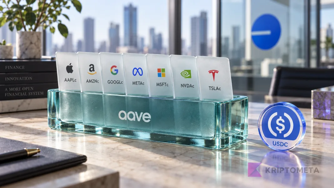 Aave teminat havuzunda yedi teknoloji şirketinin hisse tokenleri ve yanında USDC simgesi