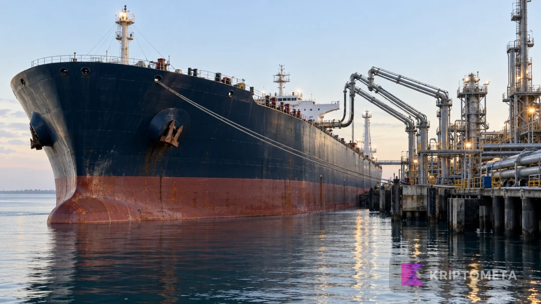 The bow of a large oil tanker alongside a terminal with shore-side loading arms