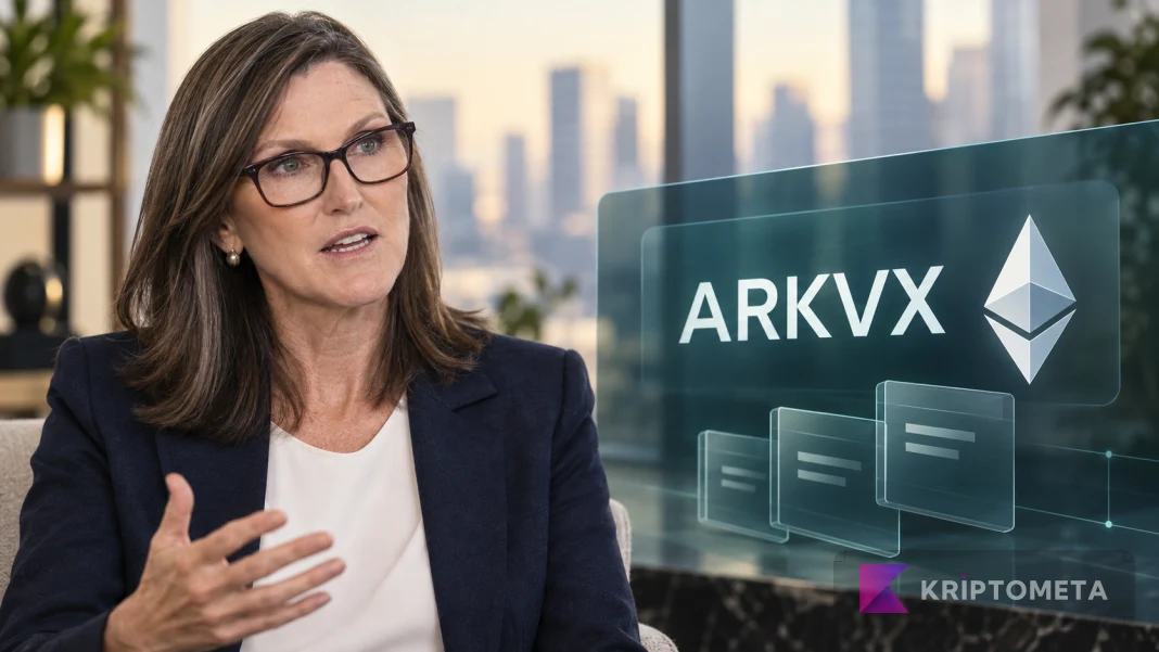 Cathie Wood portresi, ARKVX yazısı ve Ethereum simgesini birleştiren kompozisyon.