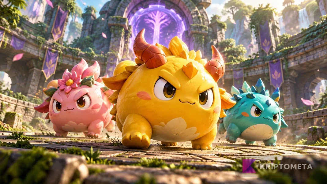 An original 3D illustration of yellow, pink and turquoise Axie-inspired creatures in a stone arena