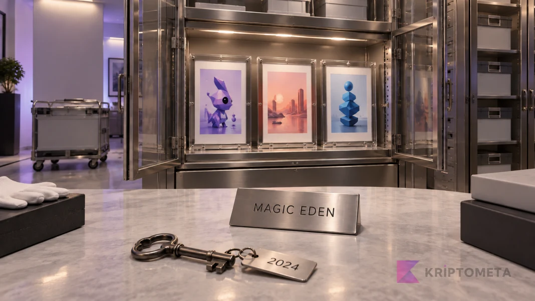 Archive composition with protected digital collectibles behind a Magic Eden plaque and a key tagged 2024.