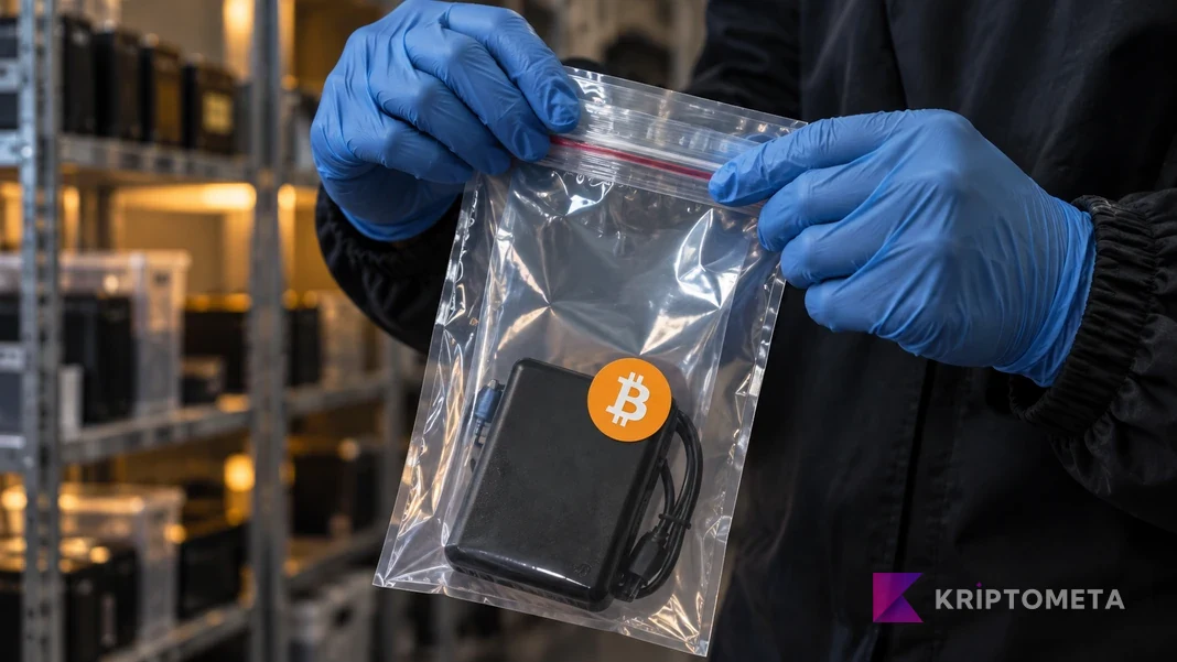 Bitcoin simgeli şeffaf delil poşetini kapatan mavi eldivenli eller