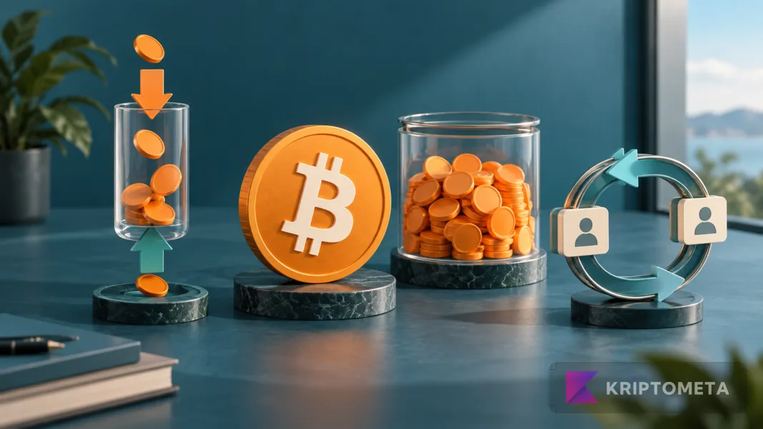 Conceptual illustration separating Bitcoin fund flows, accumulated assets and shares changing hands
