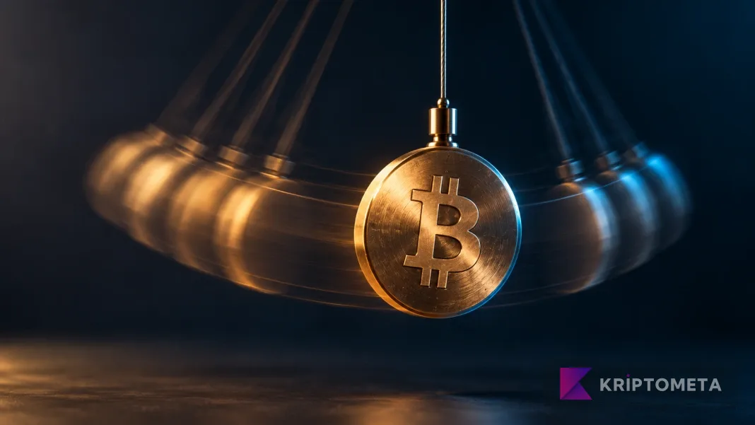 Bitcoin oynaklığını sarkaç hareketiyle anlatan kavramsal illüstrasyon
