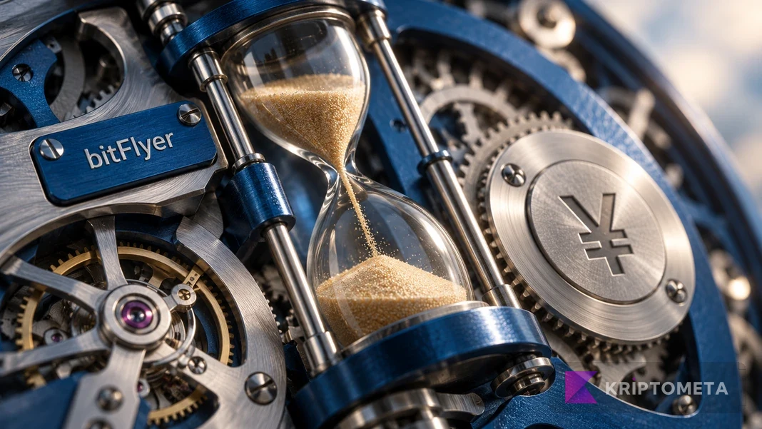 bitFlyer adı ve yen simgesi bulunan mekanik düzende kum saati