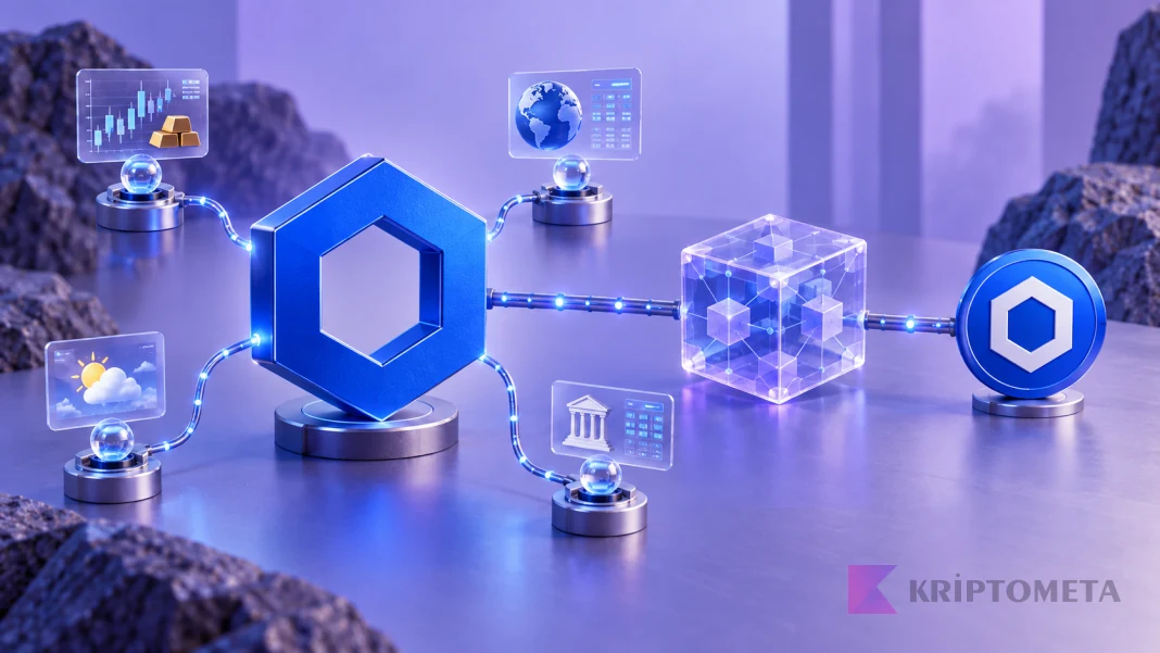 Illustration of Chainlink oracle nodes delivering data to a blockchain, alongside a LINK token