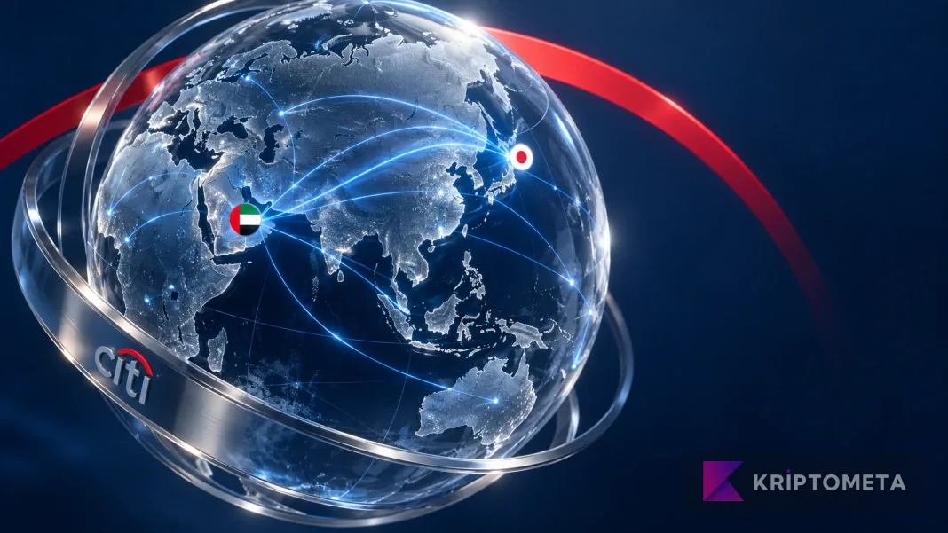 Cam küre üzerinde Japonya ve BAE bayraklarını bağlayan mavi ödeme yolları ve Citi simgesi