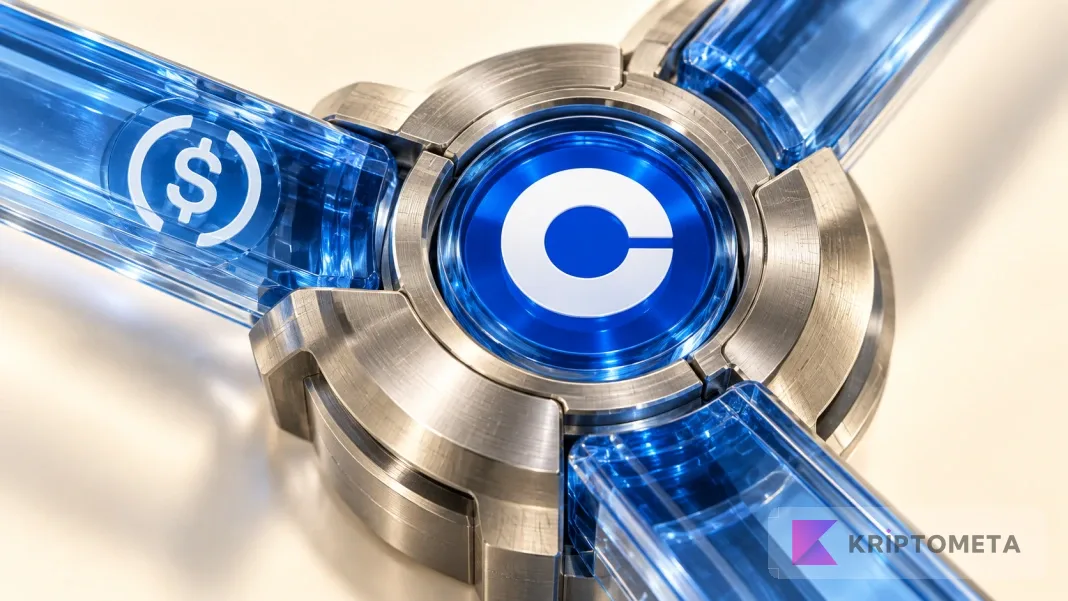 Coinbase ve USDC simgelerini üç mavi cam kanalla birleştiren takas altyapısı illüstrasyonu