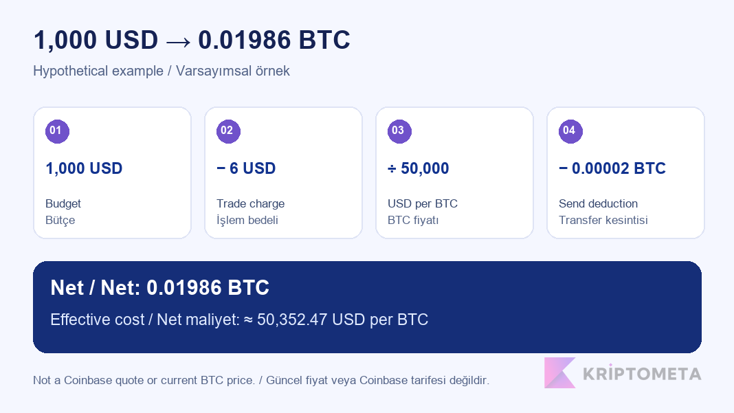 Hypothetical calculation showing 0.01986 BTC received from a $1,000 budget after a $6 trade charge and 0.00002 BTC send deduction