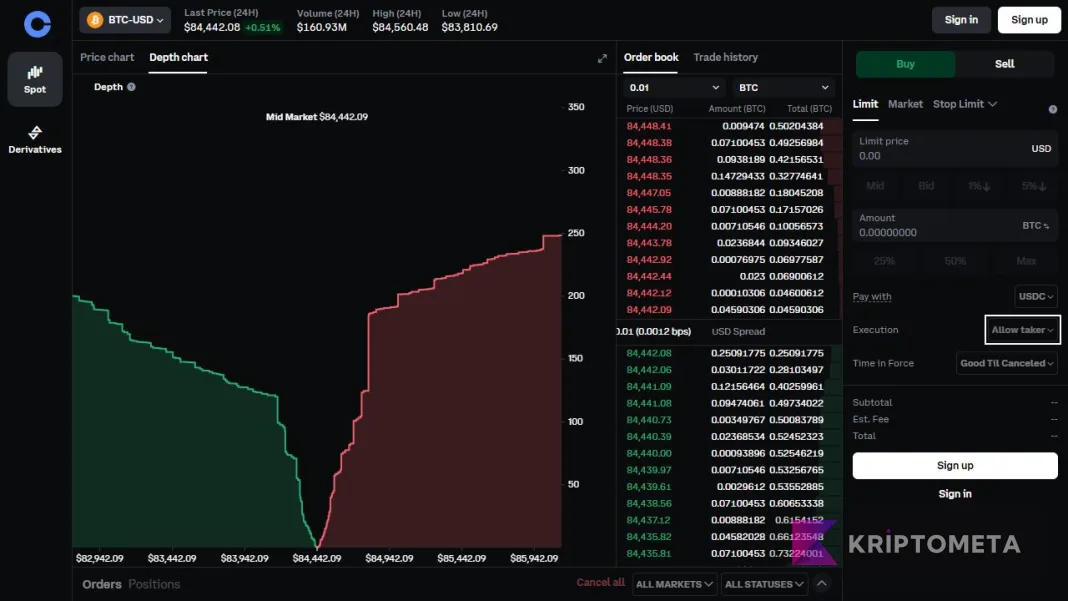 Public Coinbase Advanced BTC-USD screen with depth chart on the left, order book in the middle and limit order controls on the right