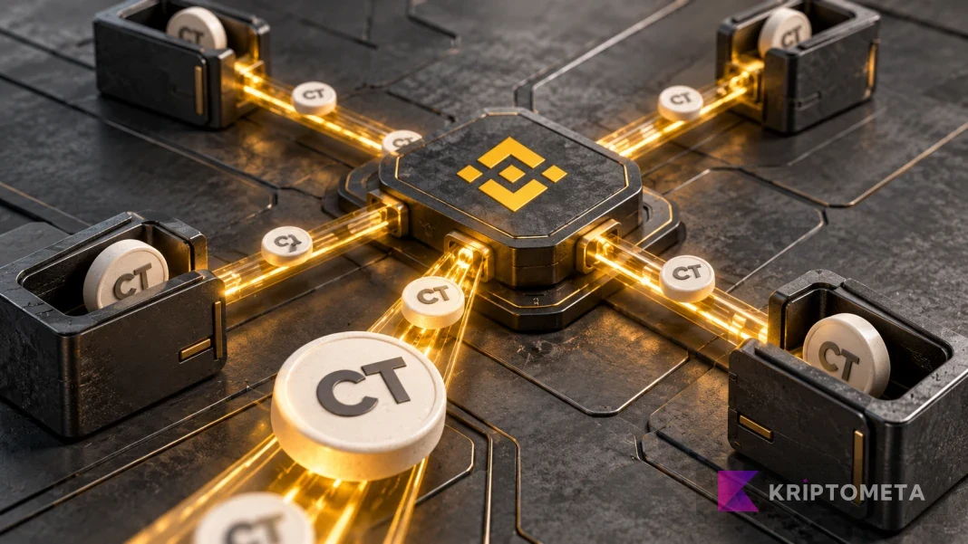 A 3D token-distribution illustration showing CT tokens moving from a Binance-marked hub toward separate recipients
