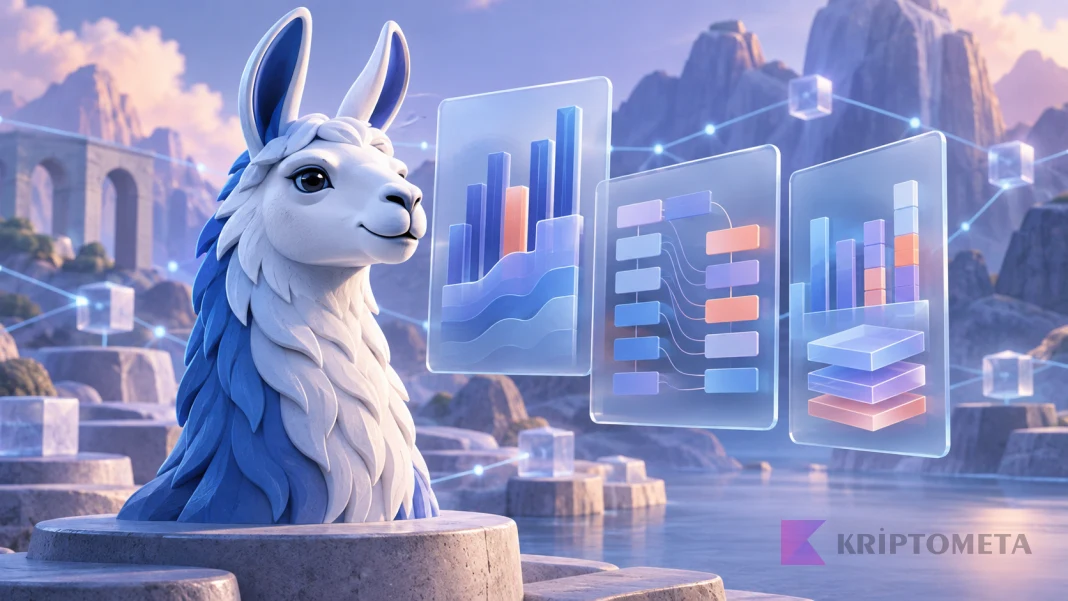 Conceptual llama beside charts representing DeFi data analysis