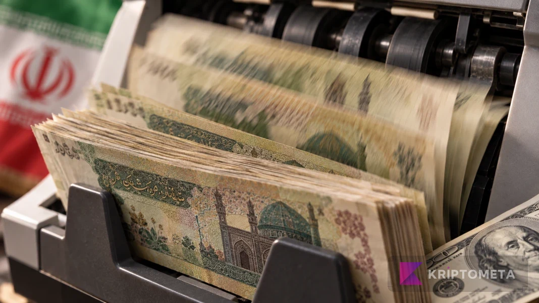 Para sayma makinesinden geçen İran riyali banknotları ve ABD doları