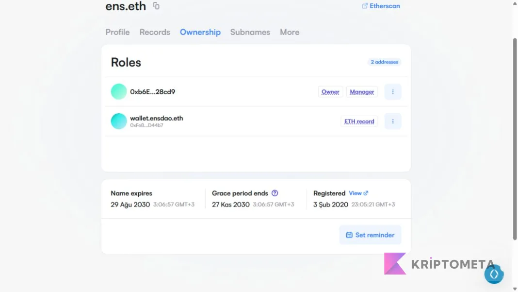 ENS sahiplik ekranında Owner, Manager, ETH record ve kayıt bitiş tarihleri
