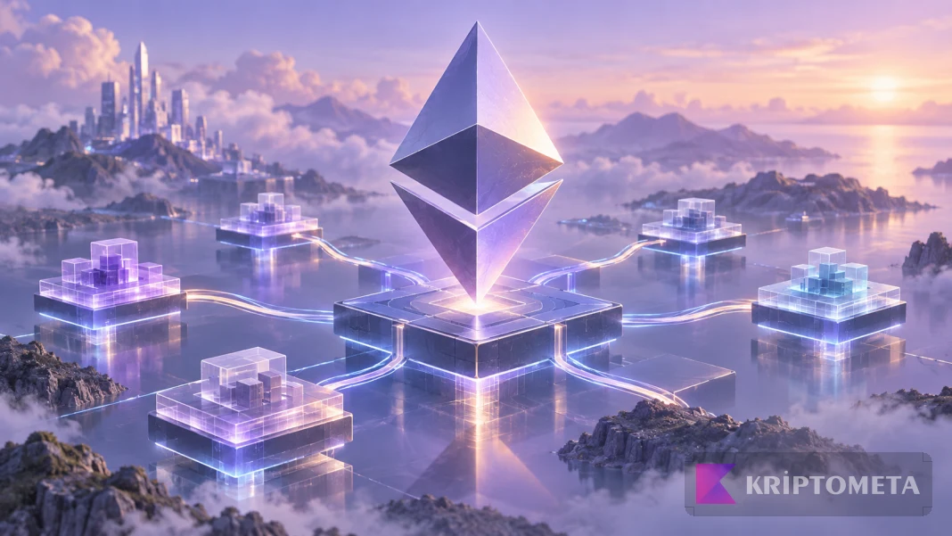 Mor Ethereum simgesi çevresinde ana ağa bağlanan katmanları gösteren kavramsal görsel