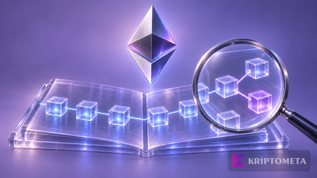 Ethereum simgesi altında büyüteçle incelenen bağlı işlem blokları