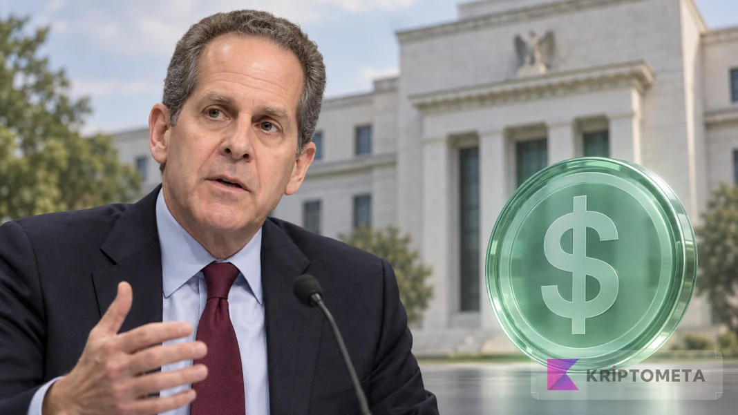 Michael Barr, the Federal Reserve building and a dollar-marked stablecoin in an editorial composition.