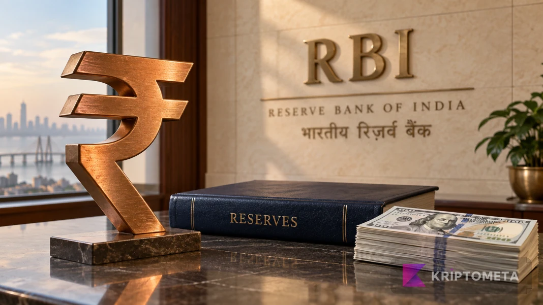 Financial composition combining a rupee symbol, US dollar notes and a reserves ledger with an RBI sign.