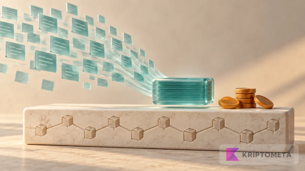 Conceptual illustration of transaction tiles converging into a batch that shares publication costs