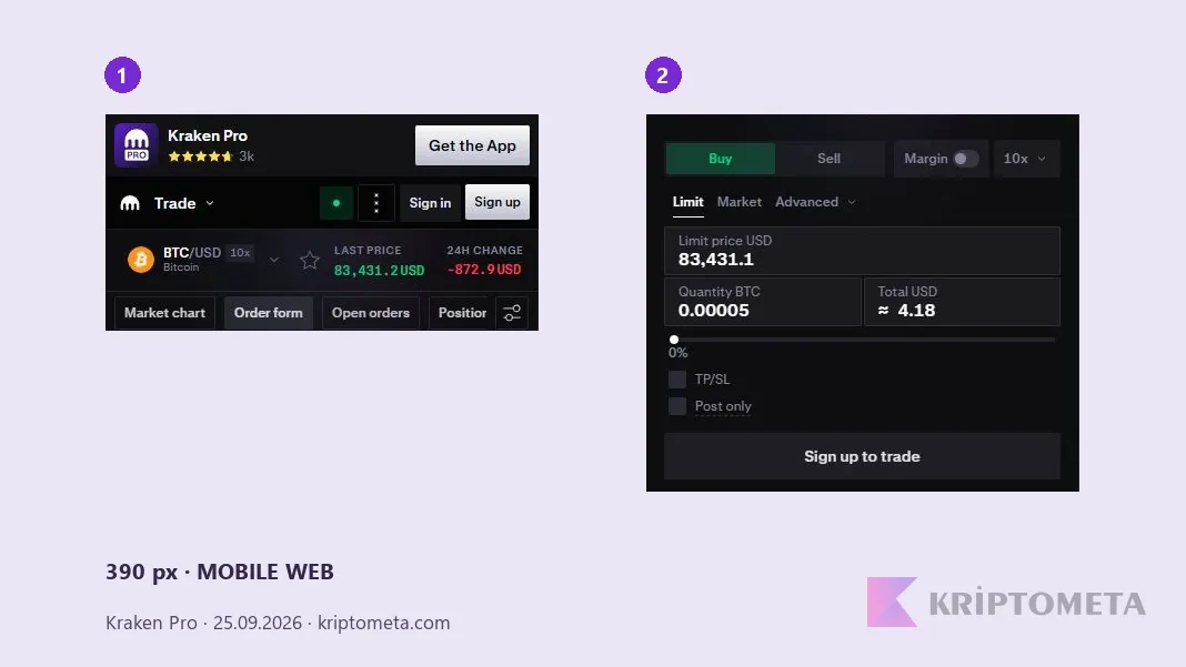 Tabs and Limit order form from the actual Kraken Pro mobile web screen