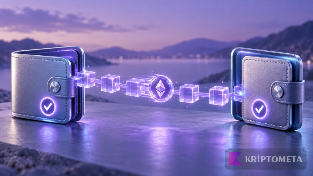 Blockchain bağlantısıyla eşleşen iki dijital cüzdan arasında kripto transferi illüstrasyonu