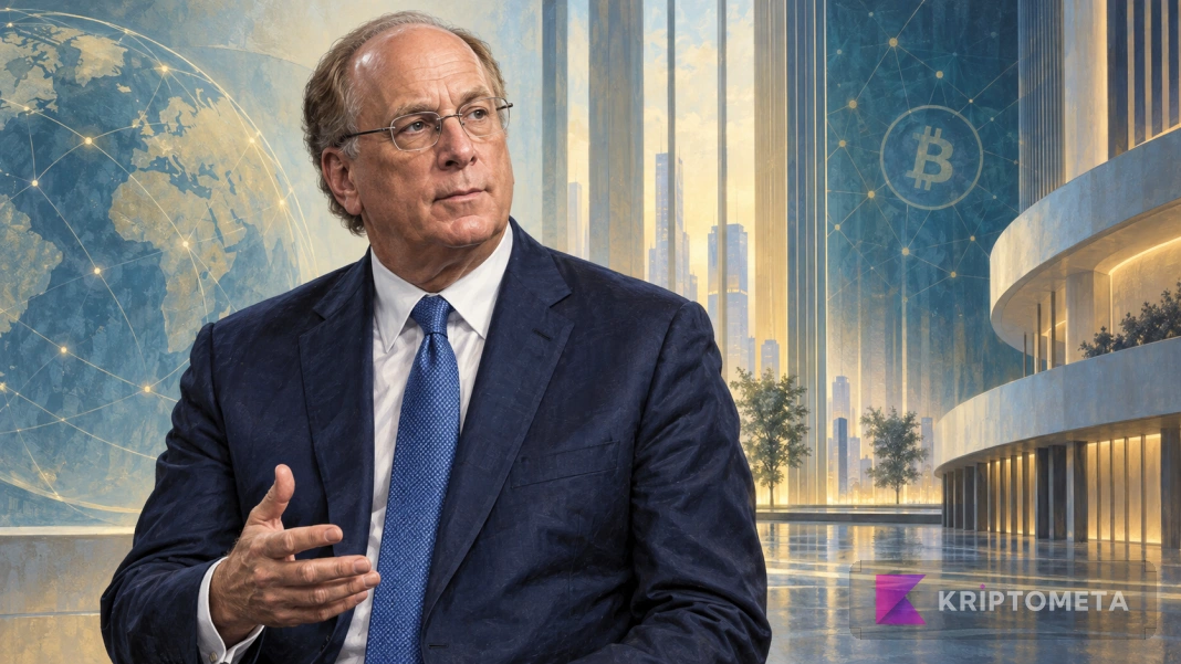 Larry Fink, varlık yönetimi ve Bitcoin temalı editoryal portre illüstrasyonu