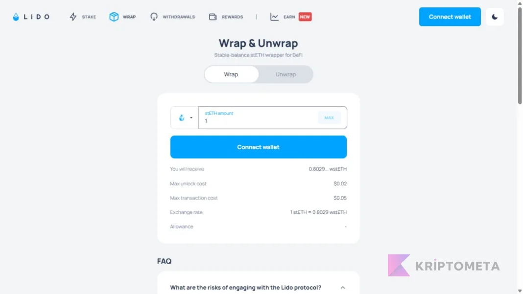 Lido Wrap ekranında stETH wstETH dönüşümü ile işlem maliyeti ve allowance alanları