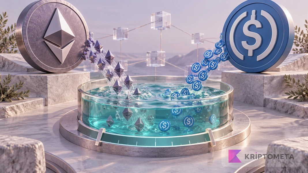 Ethereum ve dolar tokenlarının ortak likidite havuzunda buluşmasını anlatan temsili kapak