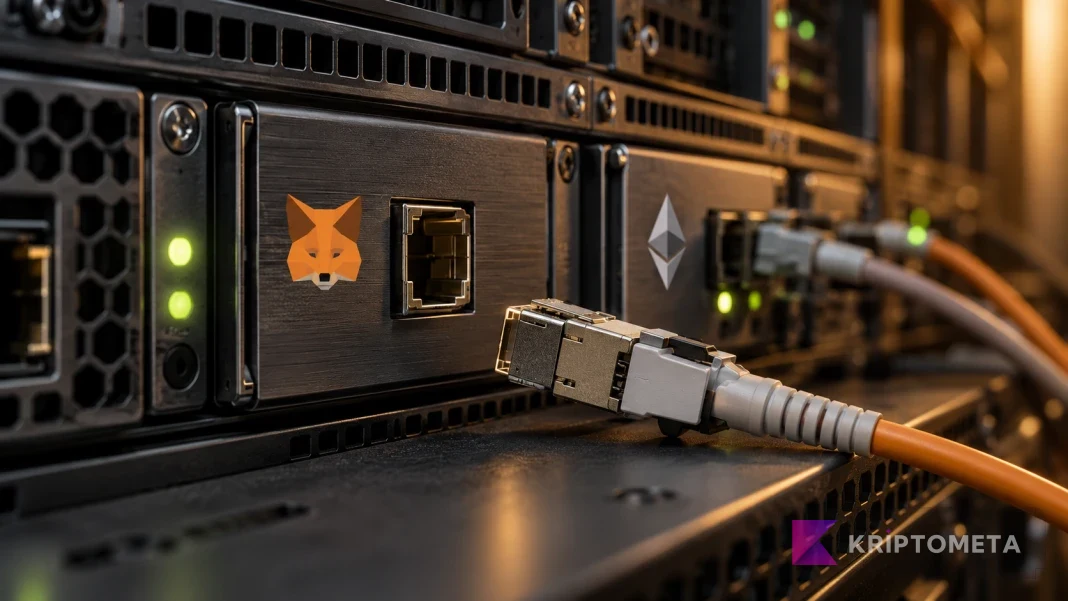 A disconnected network cable beside a server module with an orange fox emblem and an Ethereum symbol