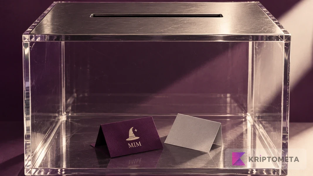 A large transparent ballot box holding a purple MIM card and a grey card