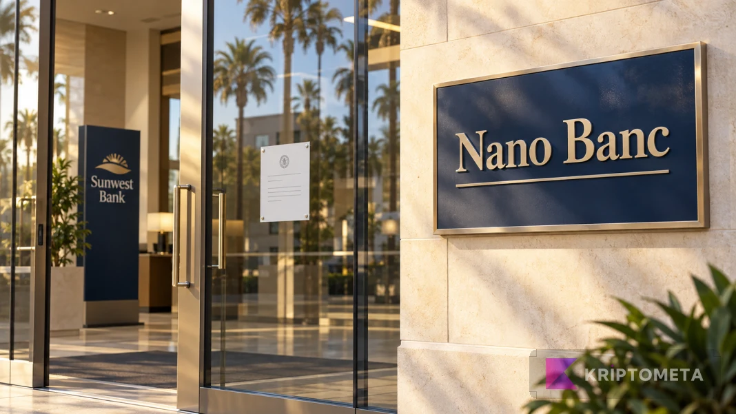 Glass-fronted bank entrance with Nano Banc and Sunwest Bank signs illustrating the transfer.