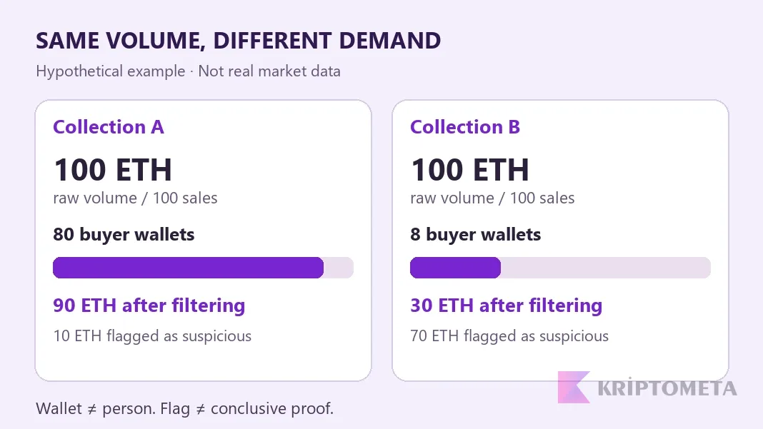Hypothetical NFT volume comparison: 90 ETH after filtering for A and 30 ETH for B