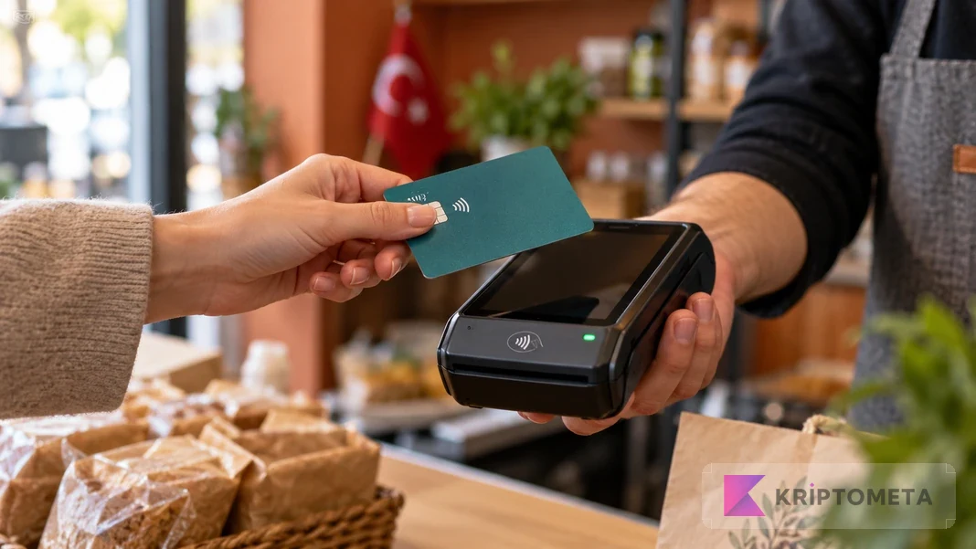 A customer holding a contactless card above a payment terminal held by a merchant