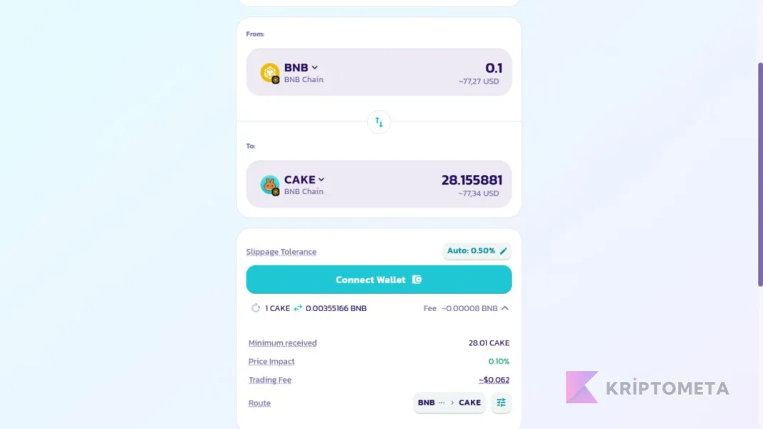 Bağlantısız BNB–CAKE teklifinde minimum alınacak miktar, fiyat etkisi, işlem ücreti ve rota