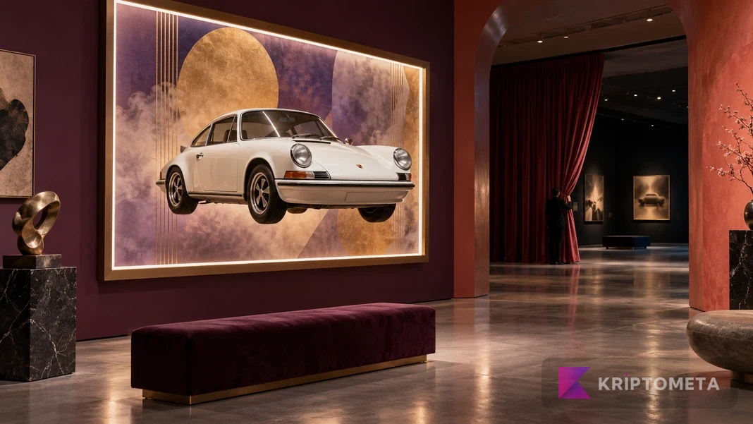 Dijital sanat galerisinde ışıklı çerçeve içindeki beyaz Porsche 911 ve arkada kapanan perde