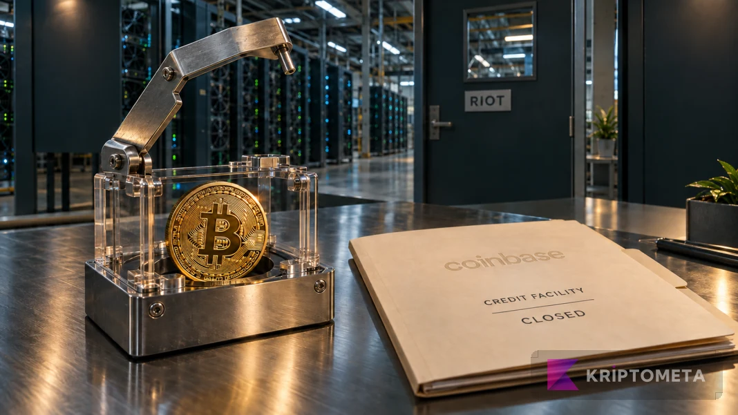 Riot tesisini çağrıştıran ortamda açık teminat kilidi içindeki Bitcoin ve kapanan Coinbase kredi dosyası.