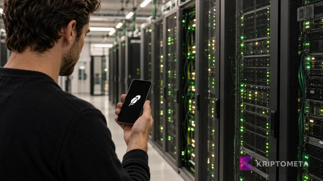 A person examining a phone with the Robinhood symbol in a server aisle
