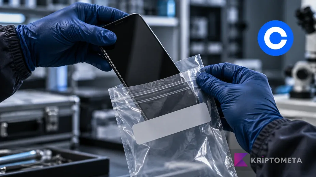 Conceptual illustration of gloved hands placing a phone in an evidence sleeve, with a Coinbase symbol