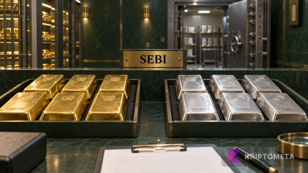 Vault composition showing gold and silver bars held in separate trays in front of a SEBI plaque.