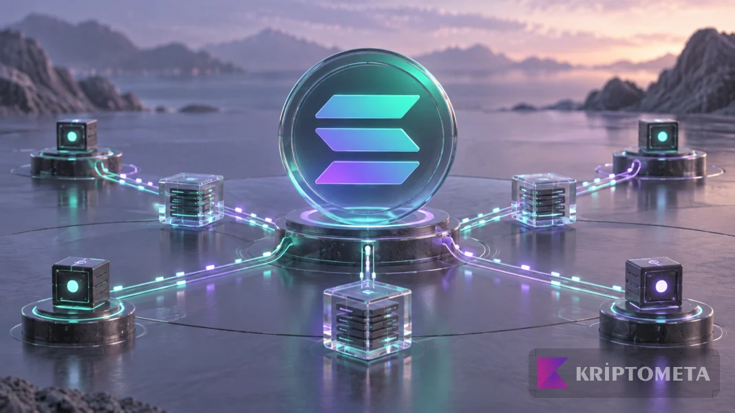 Conceptual Solana emblem connected to ledger blocks and validator nodes