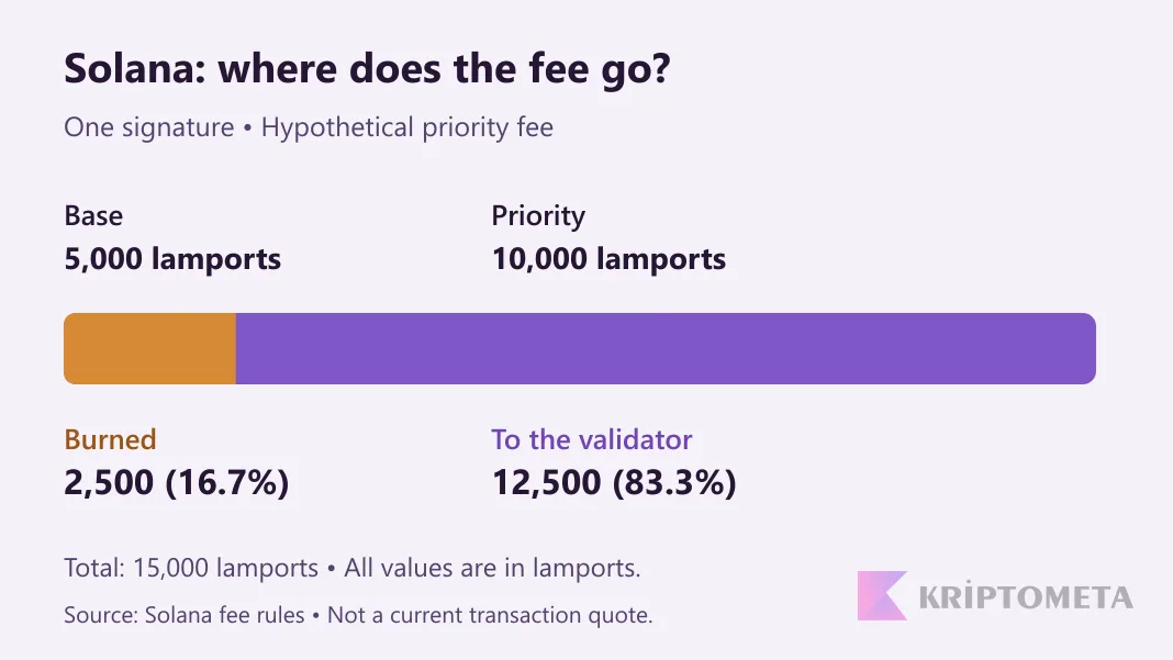 A hypothetical 15,000-lamport fee split: 2,500 burned and 12,500 to the validator