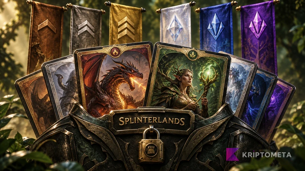 Fantasy Splinterlands cards in a locked holder in front of six rank pennants