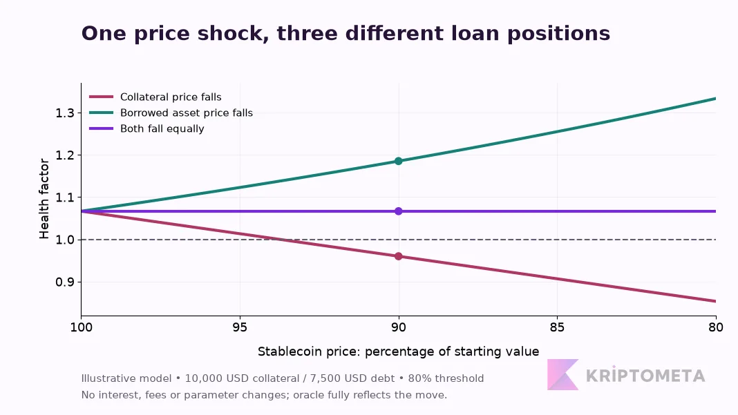 Illustrative model: falling collateral lowers health factor, falling debt value raises it