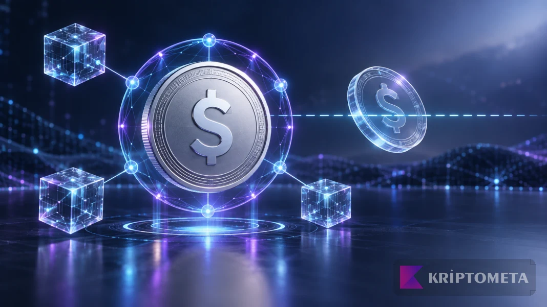 Conceptual illustration of a dollar stablecoin, a reference line and connected blockchain blocks