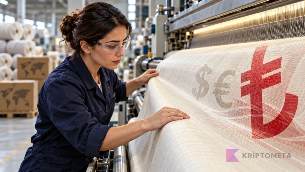 Tekstil üretim hattında kumaşı inceleyen çalışan ve dolar, euro, Türk lirası simgeleri