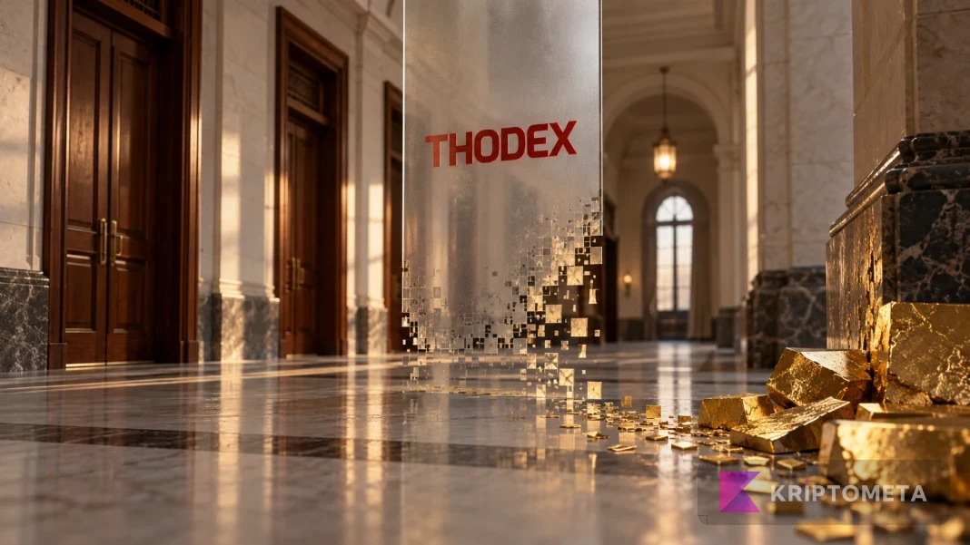 A translucent Thodex panel dissolving into digital fragments beside gold bars in a courthouse corridor