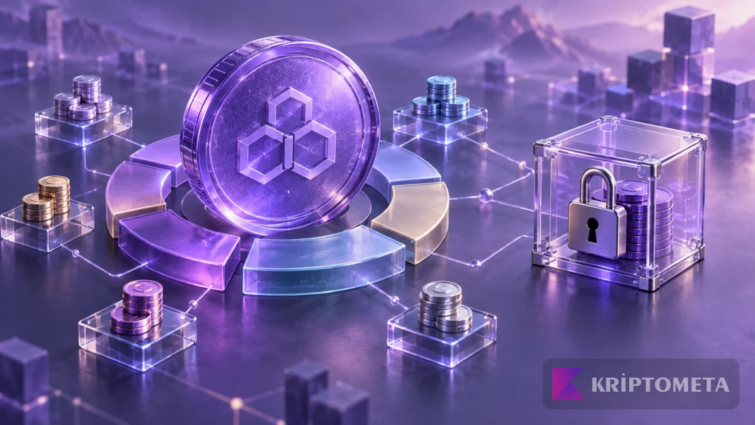 Mor token, dağılım halkası ve kilitli tokenları içeren temsili blockchain illüstrasyonu