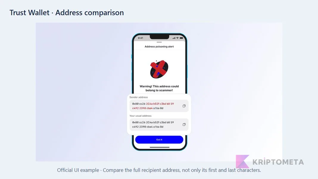 Trust Wallet resmî adres uyarısında benzer alıcı adreslerinin karşılaştırılması