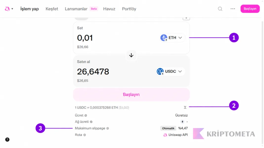 Uniswap gerçek teklif ekranı: token seçimi, ayrıntılar ve kayma toleransı numaralı işaretlerle